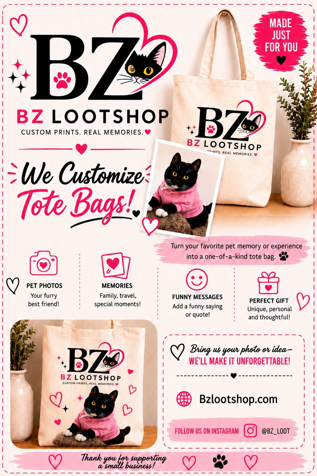 BZ Loot Shop custom tote bag flyer
